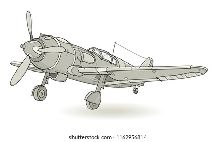 Fantasy illustration of war plane on white background. Model of fighter mid-twentieth century. Hand-drawn vector image.