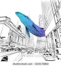 Fantasy illustration. Whale swims in the New York city. 