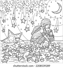 A fantasy illustration where a girl collects shooting stars with a cat in her dream against a background with a starry sky. Illustration for coloring book pages, antistress, zen-tangle style.Hand draw
