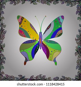 Fantasy illustration. Illustration in white, green and blue colors. Fashion cute fabric design. Beautiful fashion pattern with butterfly. Vector illustration.