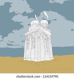 Fantasy illustration of a white tower, graphic art