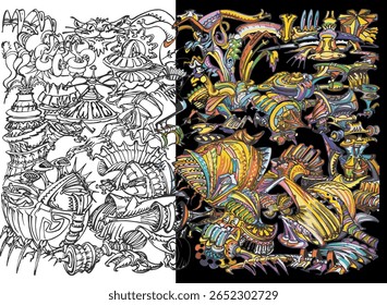 Fantasy illustration of wild, imaginary, random distributed objects