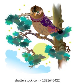 Fantasy illustration of wild owl, sitting on the branch of pine tree. Cover for children fairy tale book. Printable vector cartoon drawing bird  for kids.