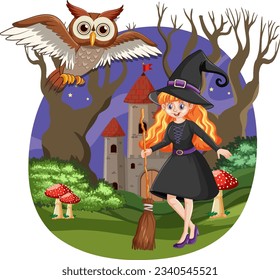 A fantasy illustration of a witch holding a bloom in a dark forest with an owl flying overhead