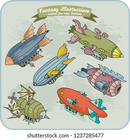Fantasy illustration of Zeppelin for map building in hand draw vector format, colorful