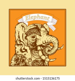 Fantasy image of an elephant with the inscription on top. Sketch. Icon, symbol, sign, label, card. Vector illustration