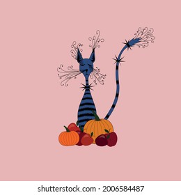 Fantasy image of a fabulous tabby cat near with pumpkins and apples. Vector illustration for Halloween.