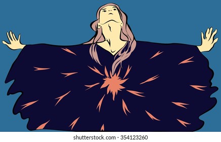 fantasy image of a man with his arms spread wide in the direction of a broad Pancho