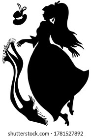 Fantasy images. Artwork. Vector silhouette of young woman with long hair. Cartoon illustrations for design. Human. People. Female.