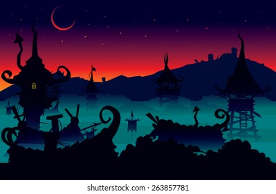 Fantasy imaginary night scene illustration
city roofs and watchtowers in mystical fog under the clear night sky