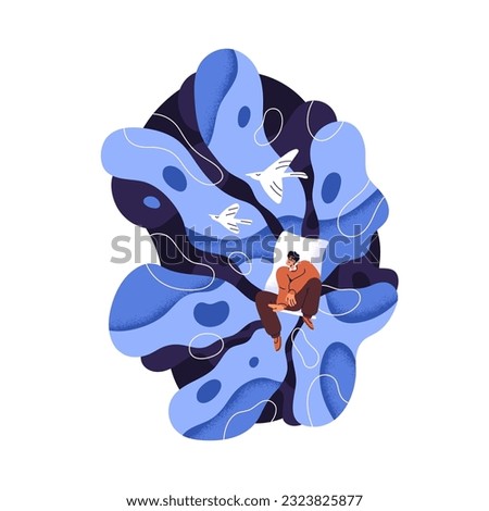 Fantasy, imagination, fancy dream and illusion concept. Person imagining unreal ethereal fiction world. Creative dreamer, explorer. Flat graphic vector illustration isolated on white background