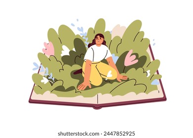 Fantasy, imagination in reading fairytale, fiction book. Reader imagining with creativity, inspiration. Literature adventure concept. Flat graphic vector illustration isolated on white background