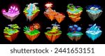 Fantasy islands. Gaming floating island nature, flying magical lifeless ground with volcano lava river rock stone or ice, game map land planet platform vector illustration of fantasy game island