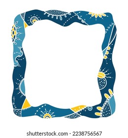 Fantasy isolated vector frame in blue and yellow colors. White lines, curls, lace elements. Blank for greetings, announcements, postcards.
