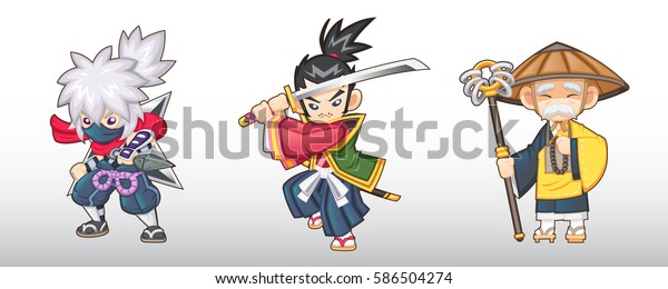 ファンタジーな日本のキャラクターイラスト 忍者 侍 僧 のベクター画像素材 ロイヤリティフリー