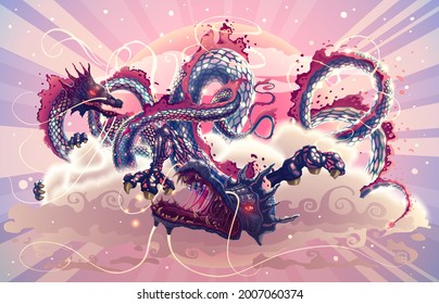 Fantasy Japanese dragons in magic sky with clouds over red sun illustration, hand drawn flying Chinese snakes artwork, digital height detailed asian art in vector.