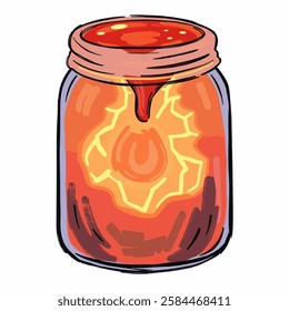 A Fantasy Jar Containing a Red Fire Liquid, Mystical and Enchanting Concept A fantasy glass jar filled with fiery red liquid, glowing with an arcane power.