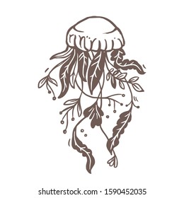 Fantasy jellyfish and flower bouquet, plants, foliage and leaves. Creative concept logo, emblem or label with sea medusa for print or tattoo. Wildlife illustration