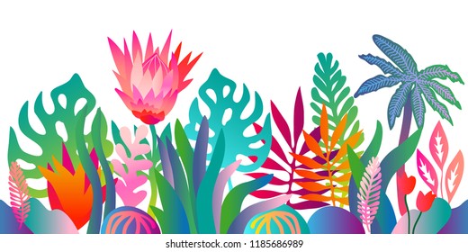 Fantasy jungle garden. Colorful pattern with abstract lotus flowers, monstera trees and other plants. Trendy design for textile and cards. Gradient border on white background.