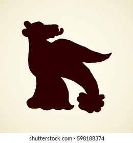 Fantasy kells canine mammal isolated on white backdrop. Dark brown color hand drawn picture logo in classic barbarian gauls book design style pen on paper. Old gothic german capital initial label