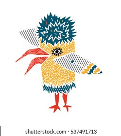 fantasy kids stylized bird.hand drawn illustration.winter abstract bird with blue head