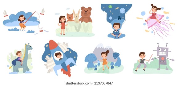 Fantasy kids world, imagination, fairy tale, magic. Childrens imaginary world, childhood dreams vector illustration set. Little boy and girl in magical dreams. Education knowledge in books