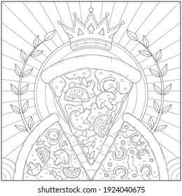 Fantasy king crown pizza, so tasty and delicious. Learning and education coloring page illustration for adults and children. Outline style, black and white drawing