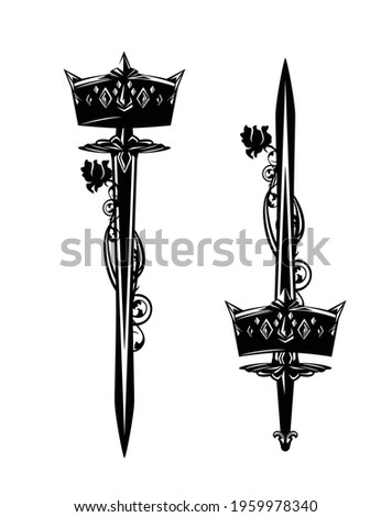 fantasy king long sword with royal crown and rose flower black and white vector medieval style heraldry design set