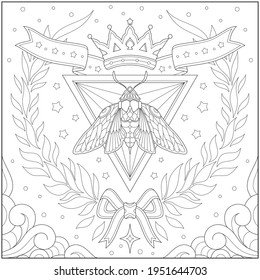 Fantasía rey polilla con corona y frontera de planta. Ilustración de la página de aprendizaje y educación para adultos y niños. Estilo de esquema, dibujo en blanco y negro
