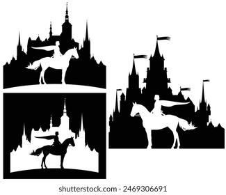 fantasy kingdom prince riding a horse by the medieval castle outline - fairy tale king scene design black and white vector handdrawn silhouette set