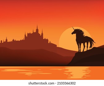 fantasy kingdom scene with sunset sky, lake shore, magic unicorn horse and medieval castle silhouette - fairy tale vector copy space background