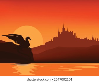 fantasy kingdom scene with sunset sky, lake shore, magic dragon and medieval castle silhouette - fairy tale vector copy space background