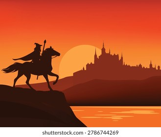 fantasy kingdom scene with sunset sky, water edge, old wizard riding a horse and medieval castle silhouette - fairy tale vector copy space background