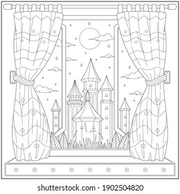 Fantasy kingdom view from windows with buatiful curtain. Learning and education coloring page illustration for adults and children. Outline style, black and white drawing
