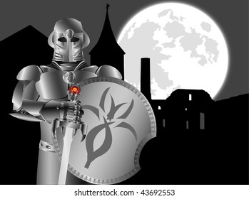 fantasy knight and castle ruins. vector illustration