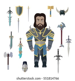 Fantasy knight character with cold weapons vector. Flat design. King personage in fairy bright armor and collection of armor, swords, axes, shields. hummer. Illustration for games industry concepts.