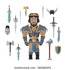 Carácter caballero fantasía con vectores de armas frías. Diseño plano. Personaje rey en armadura brillante y colección de armaduras, espadas, hachas, escudos. humilde. Ilustración de los conceptos de la industria de los juegos.
