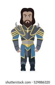 Fantasy knight character vector in flat style design. King game personage in fairy bright armor. Illustration for games industry concepts, icons and pictograms. Isolated on white background.