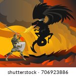 fantasy knight fighting a black dragon in the flames