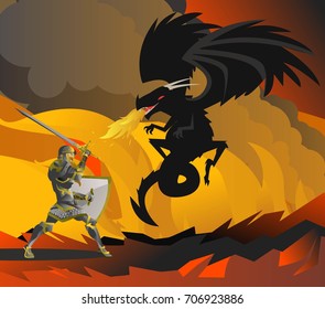 Fantasy Knight Fighting A Black Dragon In The Flames