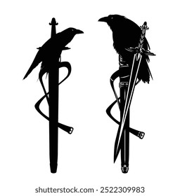 Fantasy Knight Espada larga y vaina con perching Raven Bird - diseño de Vector en blanco y negro con hoja enfundada y sin funda