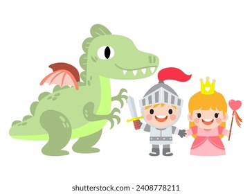 Fantasy knight princess and dragon . prince on horseback holding sword fights with dragon.