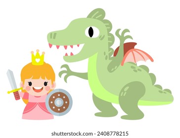 Fantasy knight princess and dragon . prince on horseback holding sword fights with dragon.