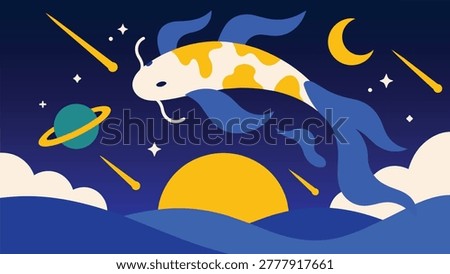 Fantasy Koi Fish in Space Vector Illustration with Moon and Planets