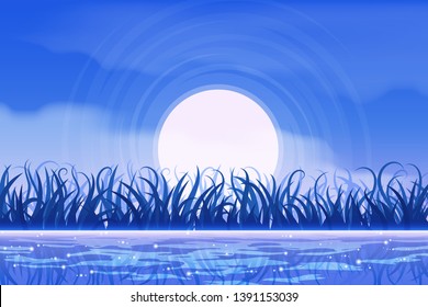 Fantasy lake landscape vector background.