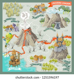 Fantasy Land Adventure Map For Cartography With Colorful Doodle Hand Draw In Vector Illustration Of Fireshore Kingdome