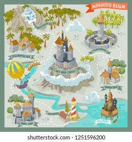 Fantasy land adventure map for cartography with colorful doodle hand draw in vector illustration of Mosquito Realm