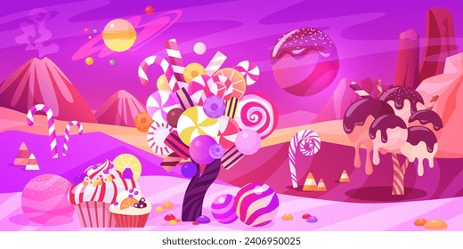 Fantasy land of candy alien planet with sweet trees, magic plants and purple neon sky. Fairy confectionery world, horizontal panorama of fantastic cosmic landscape cartoon vector illustration