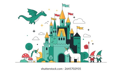 Fantasy Land With Dragon Castle Unicorns and Gnomes