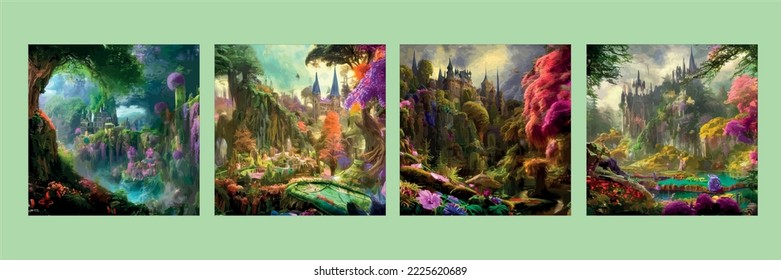 Fantasy land  grass   hill  Castle and flowers   tree and fantastic  realistic style  Digital artwork  concept illustration  cartoon style realistic scene design  set posters